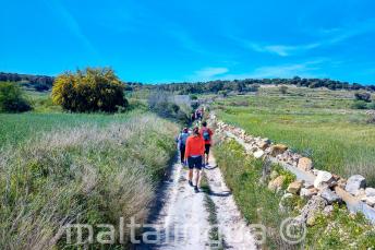 Een groep van het Engels leerlingen wandelen door het landschap in Malta